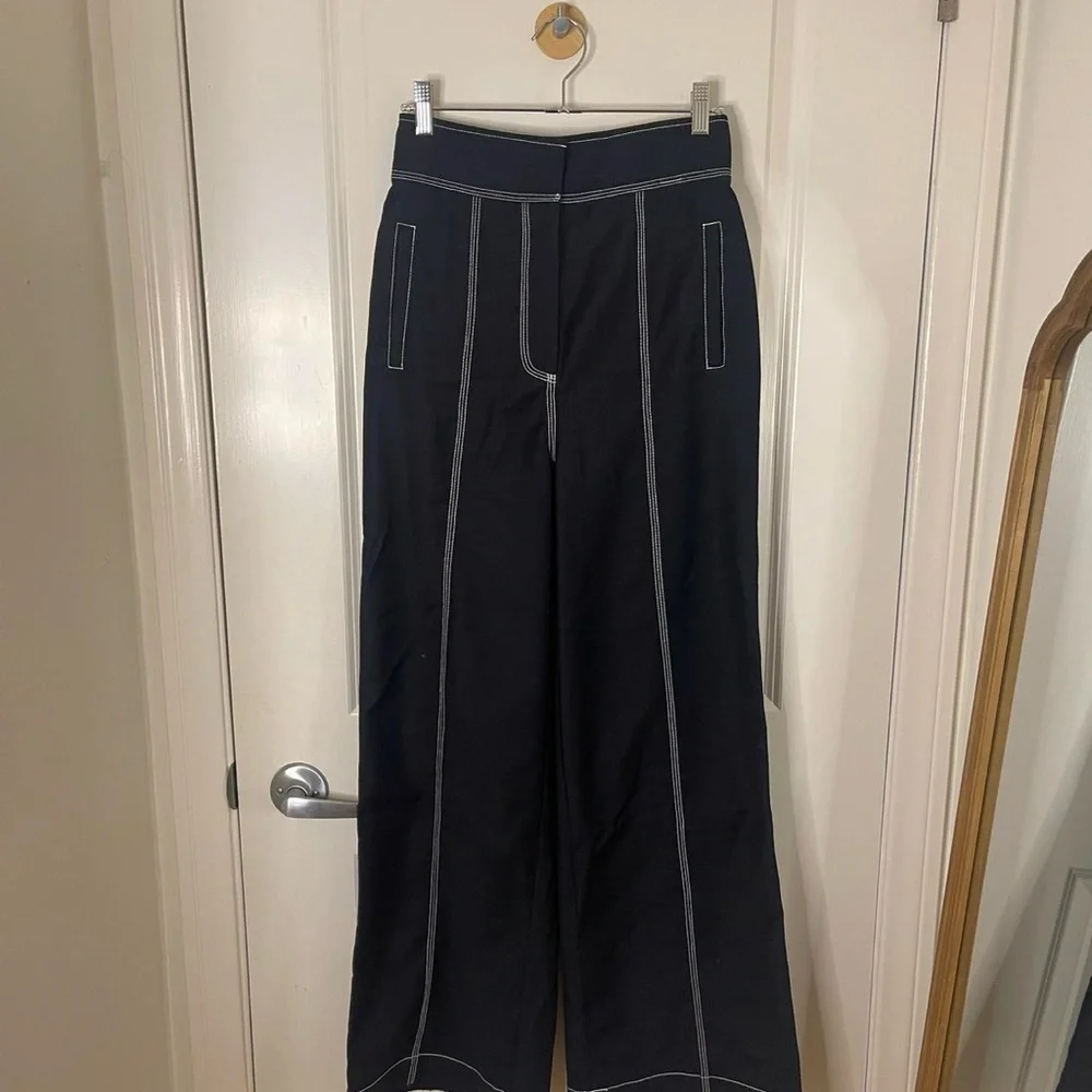 Acler Black Wide Leg Pants with White Stitching - Picture 7 of 8